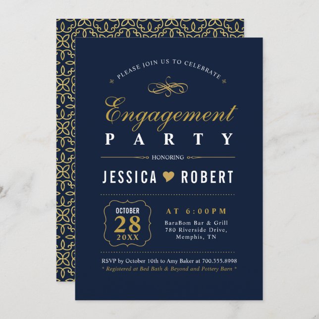 Or et marine | Elegant Engagement Party Invitation (Devant / Derrière)