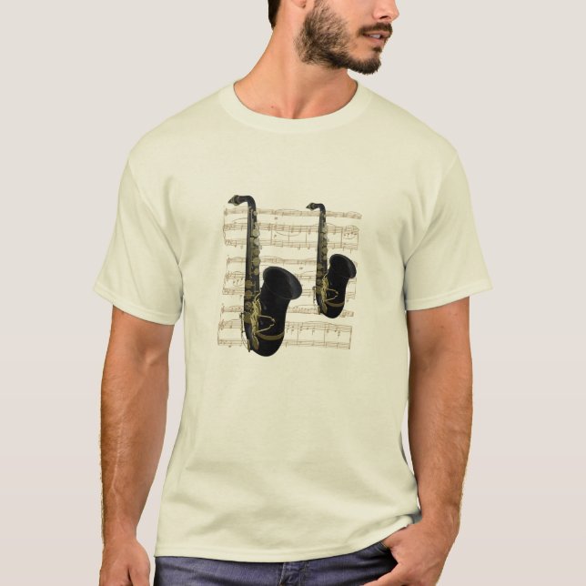 Or et T-shirt noir de musique d'or de saxophones (Devant)