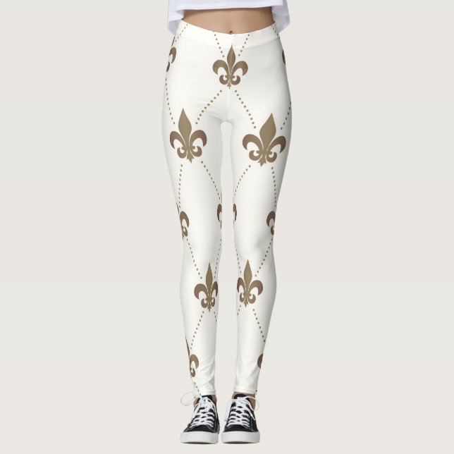 Or et White Fleur de Lis Leggings luxueux (Devant)