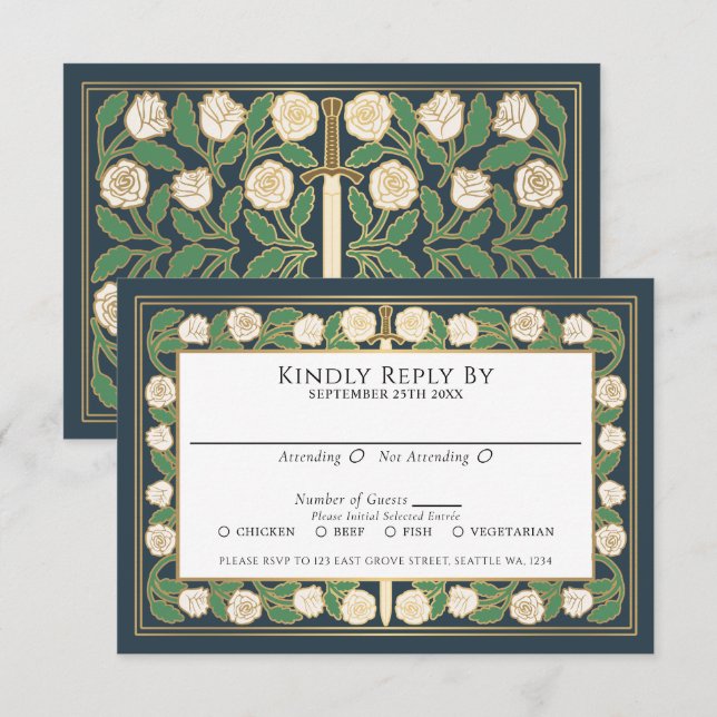 Or Gris Blanc Épée Florale Mariage Royal RSVP (Devant / Derrière)