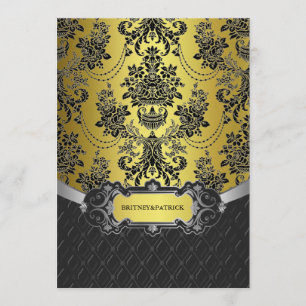 Or jaune et invitations noires de mariage damassé