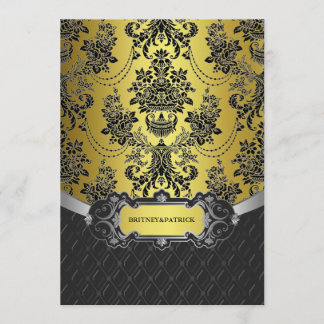 Or jaune et invitations noires de mariage damassé