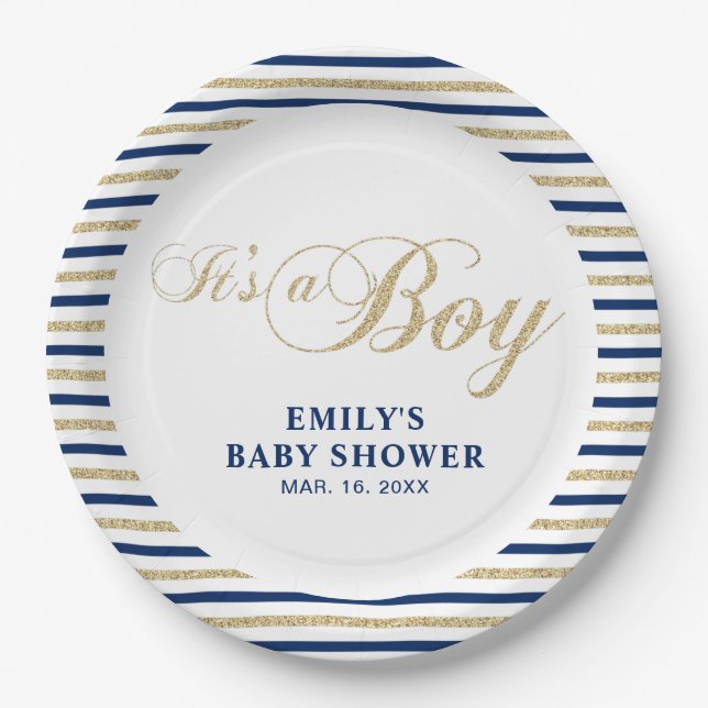 Or & Marine | Assiette de fête de baby shower mode (Devant)