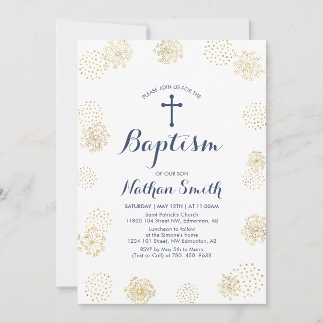 Or & Marine | Invitation de baptême garçon (Devant)