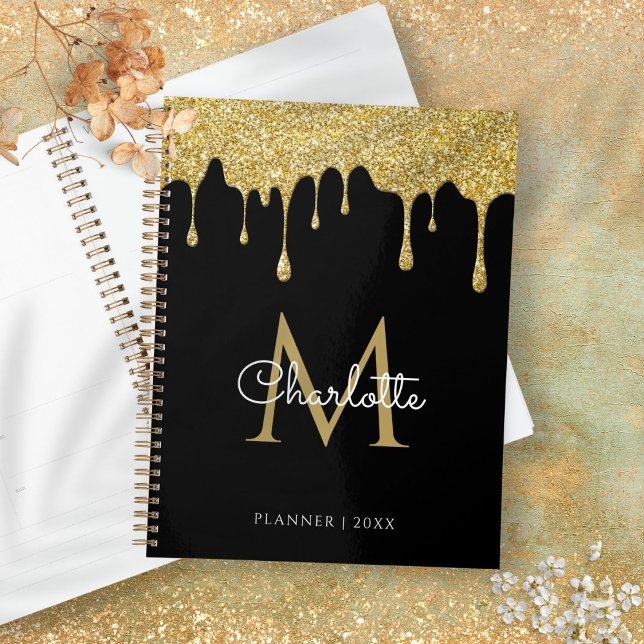 Or Monogramme Script Année Gouttes de Paillettes O (Black Gold Glitter Drips Monogram Script Year Planner)