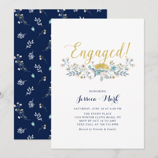 Or & Navy | Invitation de fête de fiançailles flor (Devant / Derrière)