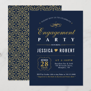 Or & Navy Invitation élégante de fête de fiançai