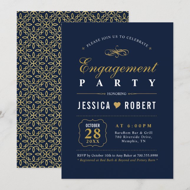 Or & Navy | Invitation élégante de fête de fiançai (Devant / Derrière)