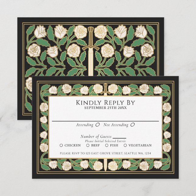 Or Noir Fleur Blanche Épée Royale Mariage RSVP (Devant / Derrière)