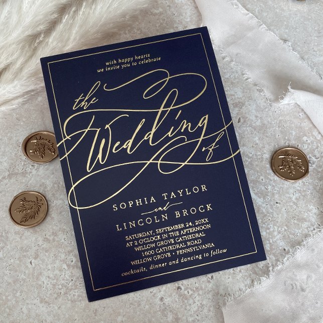 Or Romantique à Feuille d'Or | Faire-Part de Maria (Romantic Gold Foil | Navy Blue Frame Wedding Invitation)
