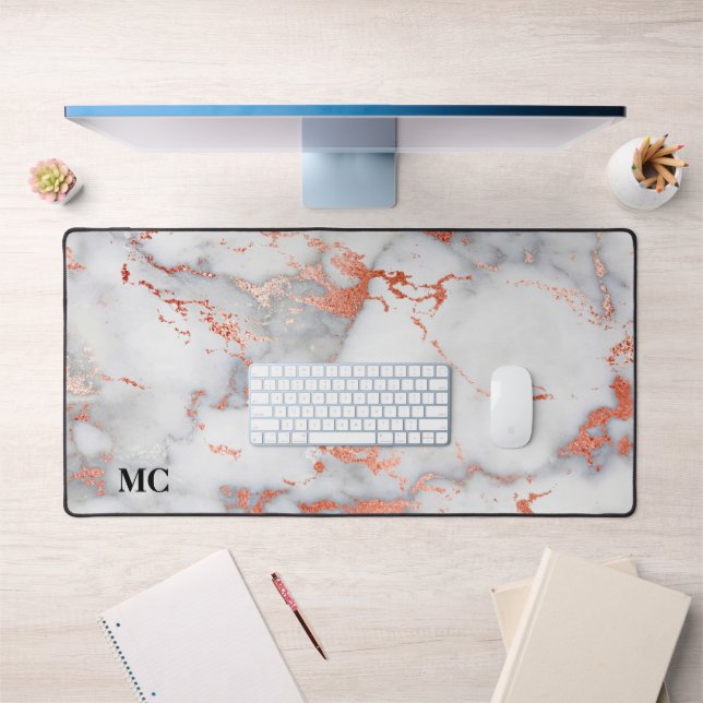 Or rose et marbre blanc avec monogramme (Bureau 1)