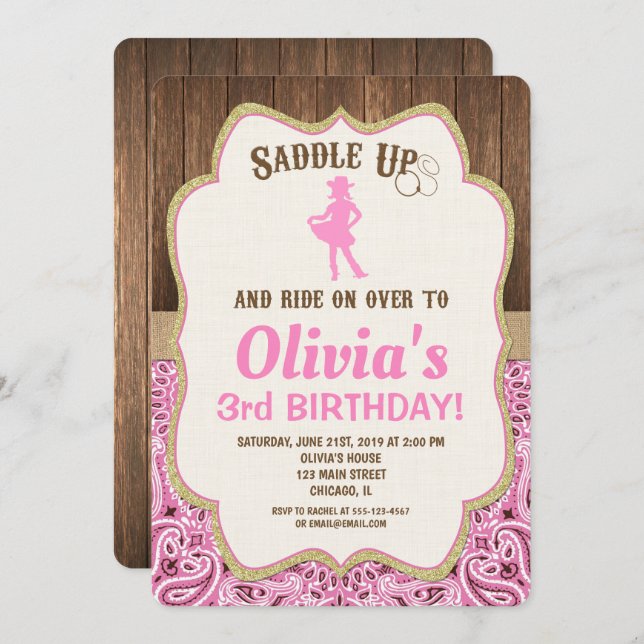 or rose rustique cowgirl invitations d'anniversair (Devant / Derrière)