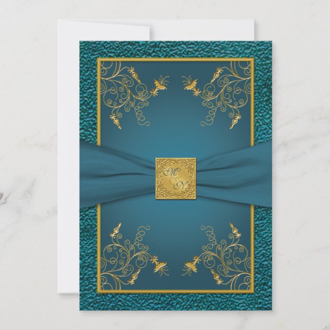 Or sur Faire-part de mariage Monogramme Turquoise (Devant)