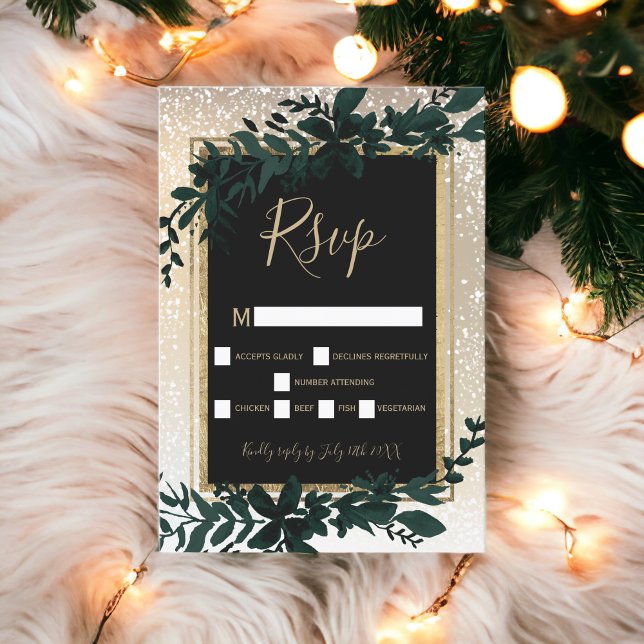 or typographie feuille neige élégant hiver rsvp (gold typography leaf snow elegant winter rsvp)