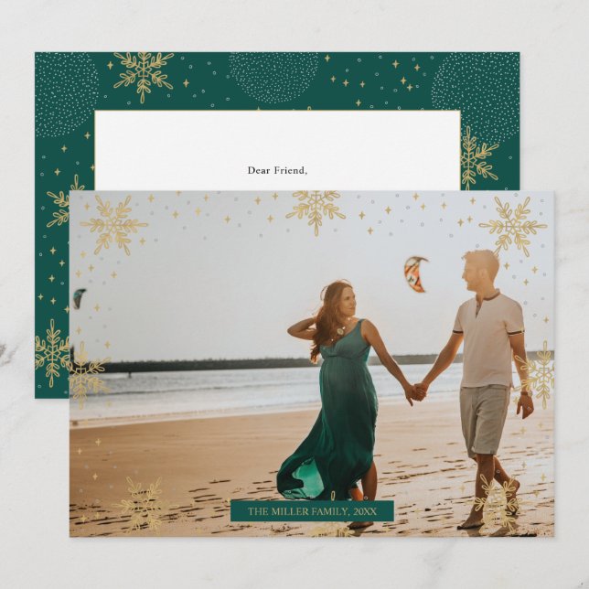 Or & Vert | Carte de Noël Moderne avec Photo d'Hiv (Devant / Derrière)