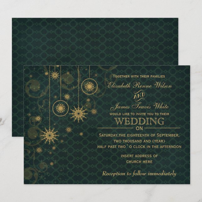 or vert Snowflakes invitations de mariage hivernal (Devant / Derrière)