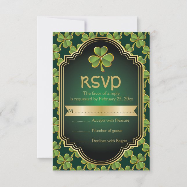 Or, vert trèfle irlandais et cadre mariage RSVP (Devant)