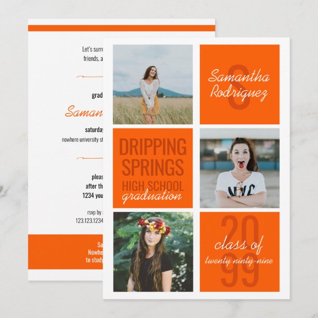 Orange 3-Photo Fun Boxes Graduation Invitation (Devant / Derrière)