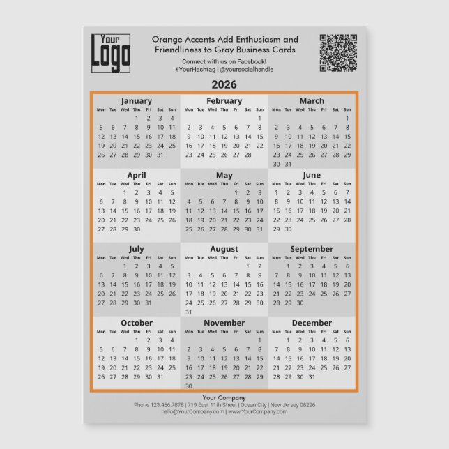 Orange Accents & Logo Gray 2026 Calendar Magnet (Devant)