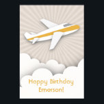 Orange Airplane Birthday Poster<br><div class="desc">A birthday poster featuring an illustration of a white airplane with orange stripe flying above the clouds over a sunburst background. Matching birthday party invitations, stickers, and more are available at Jill's Paperie.</div>