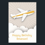 Orange Airplane Birthday Poster<br><div class="desc">A birthday poster featuring an illustration of a white airplane with orange stripe flying above the clouds over a sunburst background.  Matching birthday party invitations,  stickers,  and more are available at Jill's Paperie.</div>