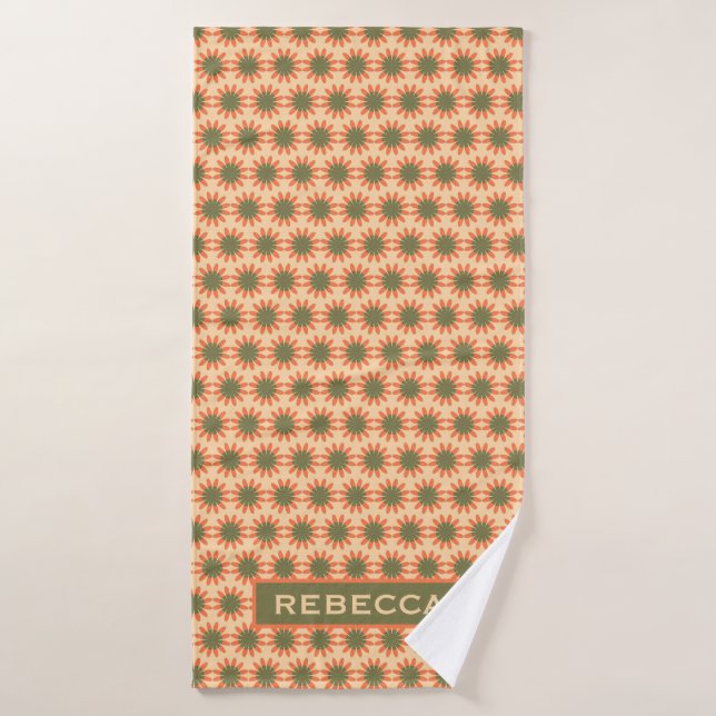 Orange and Green Retro Flower Pattern Personalised (Serviette de bain)