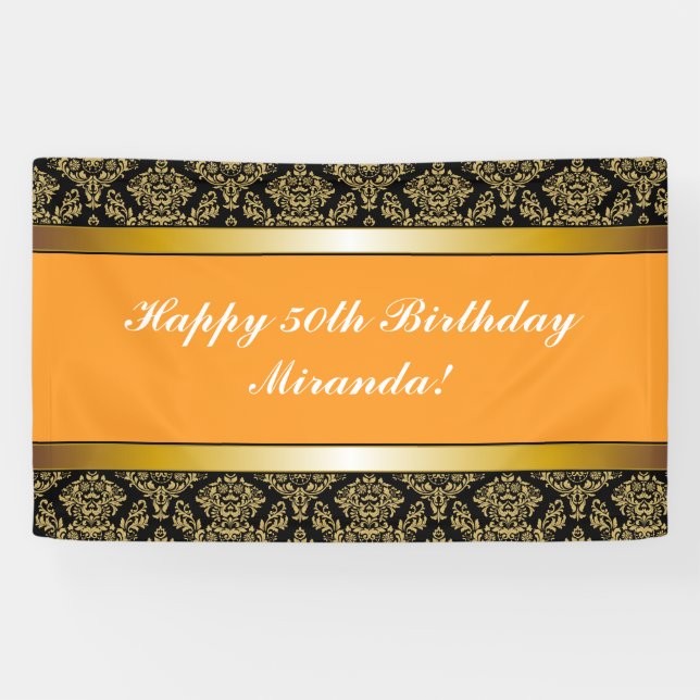Orange Any Age Gold Elegant Bannière Anniversaire (Horizontal)