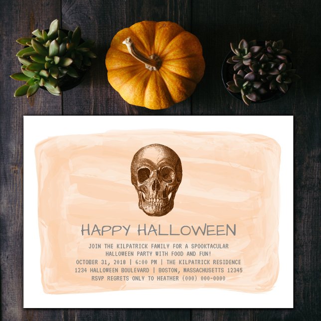 Orange Aquarelle Crâne Halloween Invitation de fêt (Orange Watercolor Skull Halloween Party Invite)