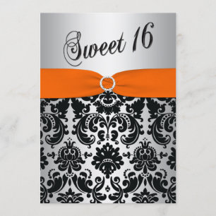 Orange, Argent, Black Damask Sweet 16 Invitation
