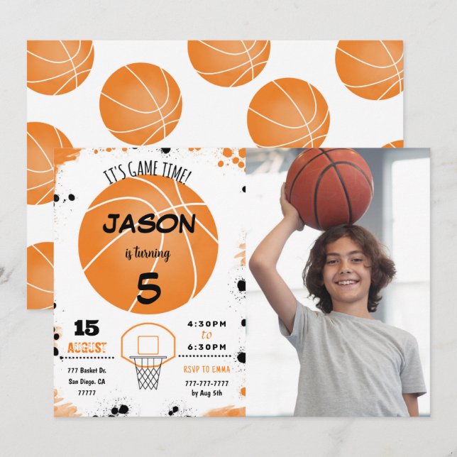 Orange basket-ball Photo Invitation (Devant / Derrière)