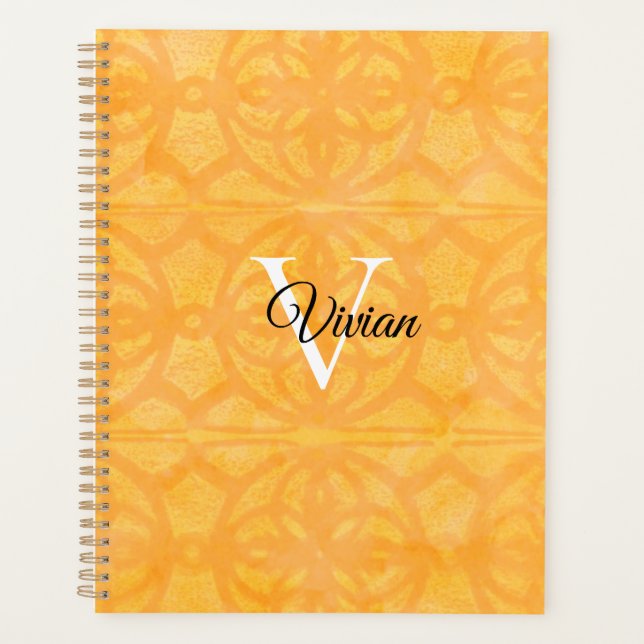 Orange Batik Élégant Monogramme Nom Planificateur (Devant)