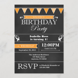 Orange Black Chalkboard Invitation d'anniversaire