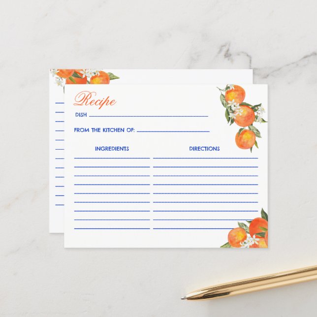 Orange blue azulejo talavera tiles recipe card (Devant/Arrière en situation)