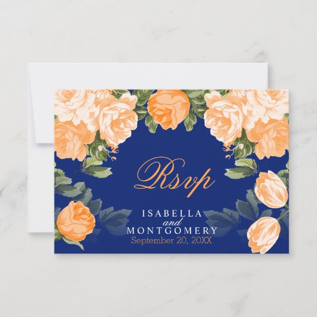 Orange botanique et Mariage bleu marine - RSVP (Devant)