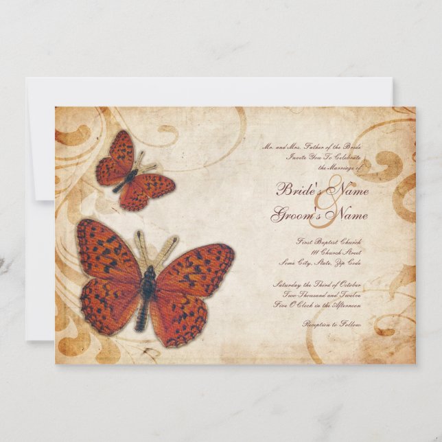 Orange Butterflies Invitations de mariage vintage (Devant)