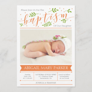 Orange Calligraphie Baptême Photo Invitation Card