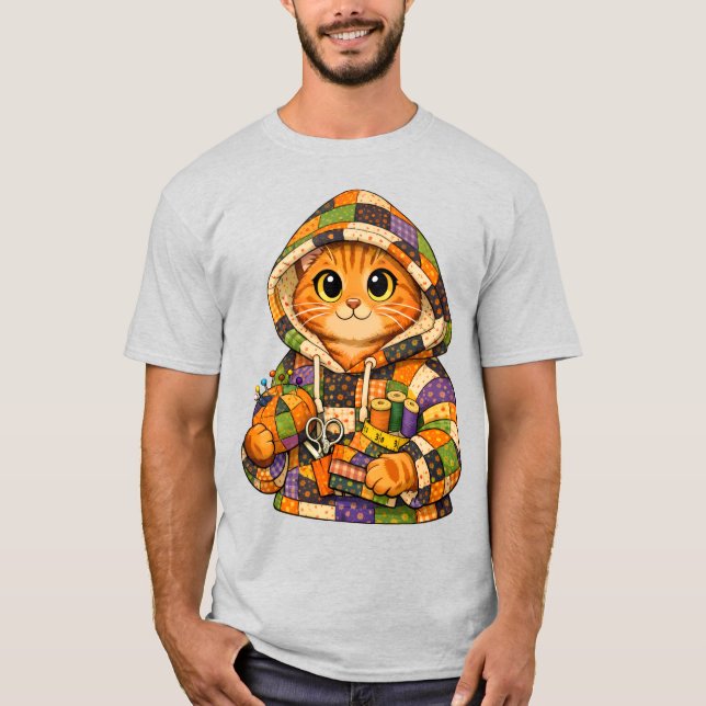 Orange cat wearing upcycled quilt hoodie T-Shirt (Devant)