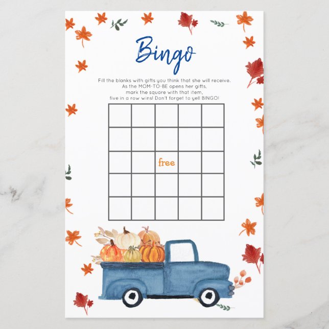 Orange Citrouille Blue Truck Baby shower Bingo Jeu (Devant)