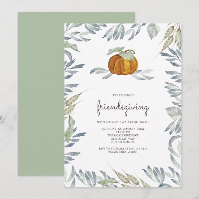 Orange Citrouille Green Friendsgiving Invitation (Devant / Derrière)