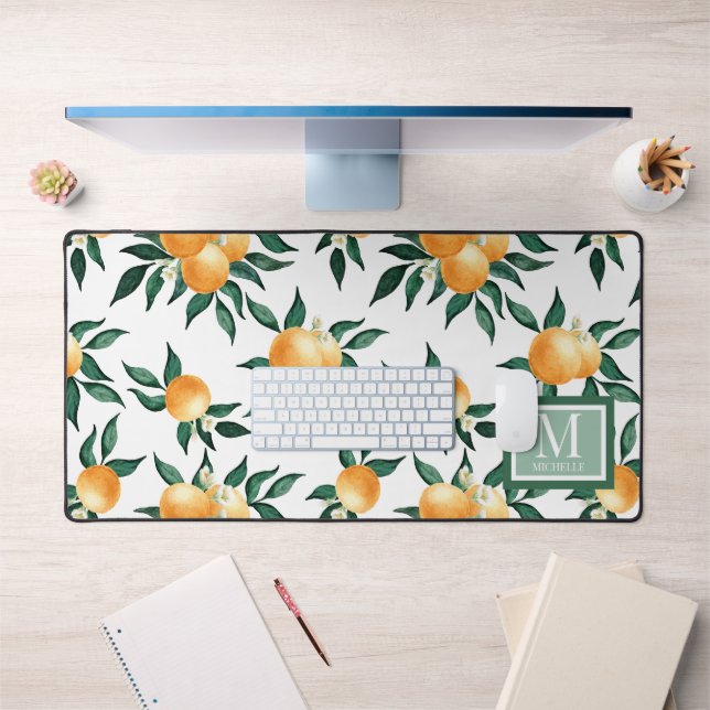 Orange Citrus Aquarelle Monogramme Nom (Bureau 1)