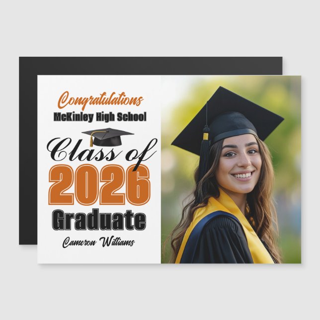 Orange Class of 2026 Graduation Photo Magnet Card (Devant / Derrière)