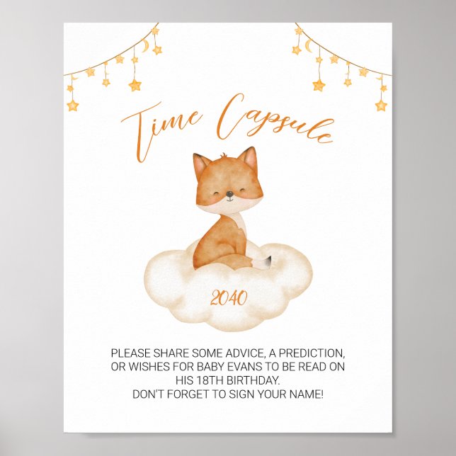 Orange Cute Fox Baby shower temps Capsule Poster (Devant)