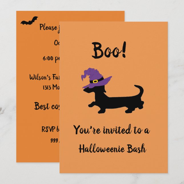 Orange Dachshund Sorcière Halloween Invitations (Devant / Derrière)