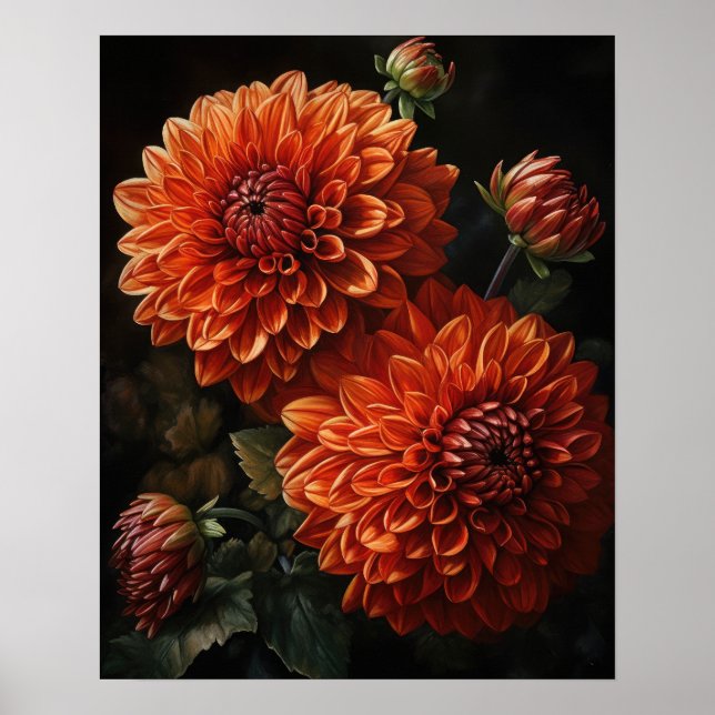 Orange Dahlia Fleurs Art Imprimer Poster (Devant)