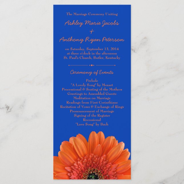 Orange Daisy Flower Royal Blue Wedding Programme (Devant)