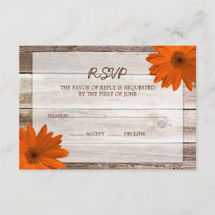 Orange Daisy Grange Wood Wedding RSVP Response Car