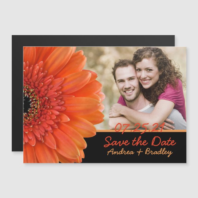 Orange Daisy Photo Wedding Save the Date Magnet (Devant / Derrière)