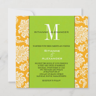 Orange Damas Green Monogram Faire-part de mariage