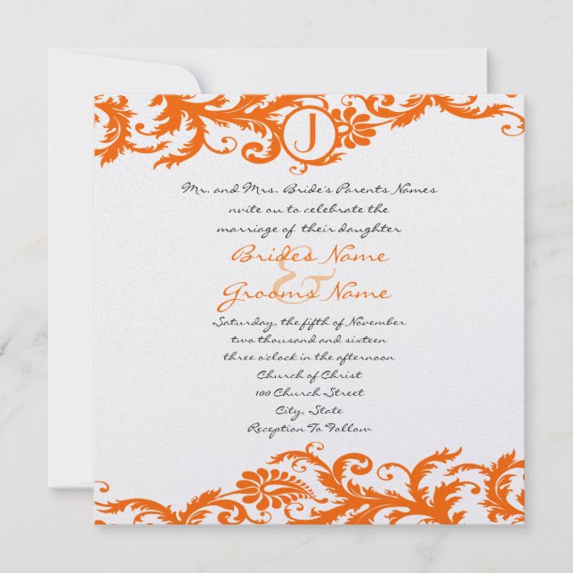 Orange Damask Monogramme Faire-part de mariage (Devant)