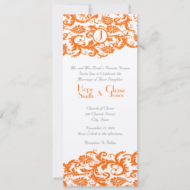 Orange Damask Monogramme Faire-part de mariage (Devant)